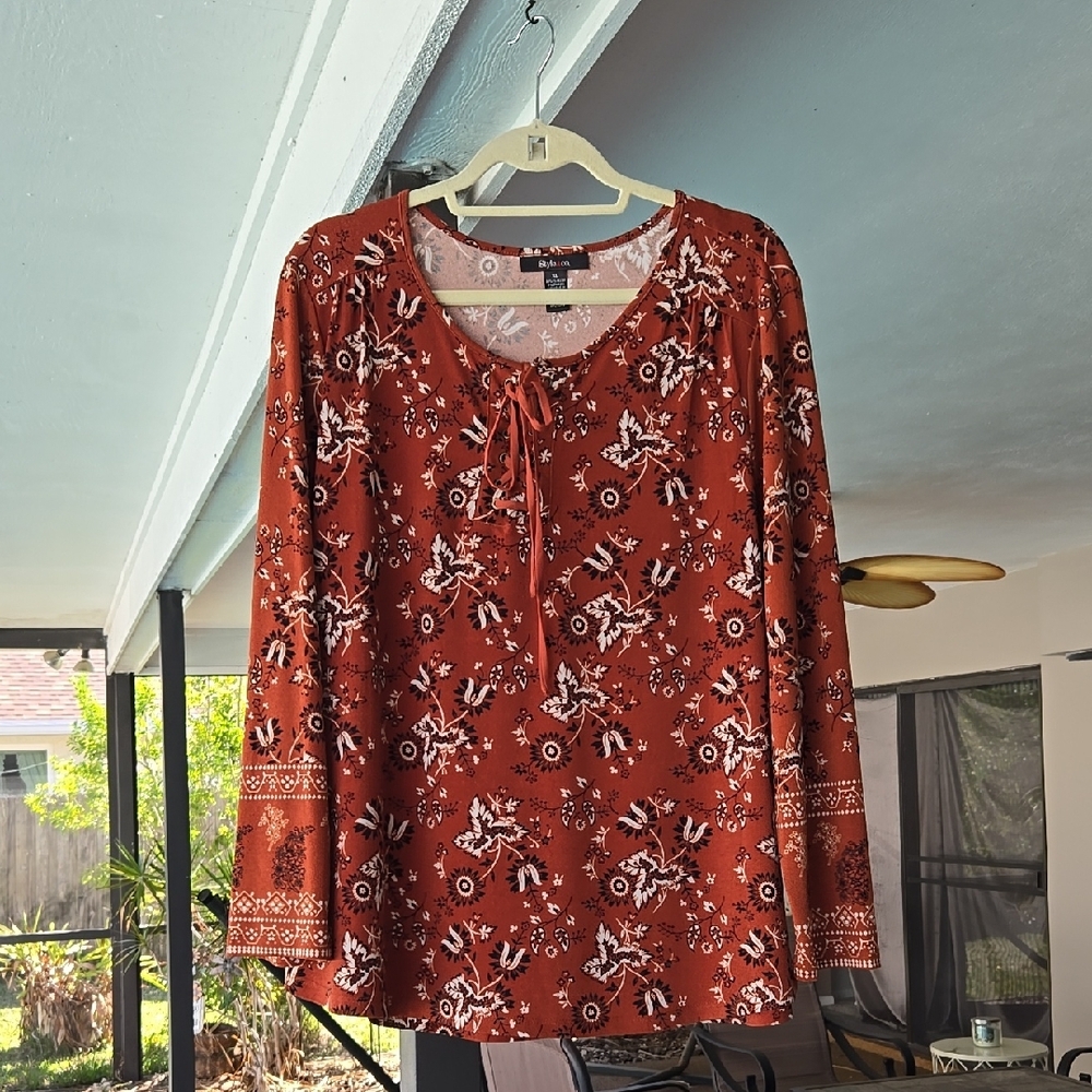 Brown and Orange Long Sleeve Tie Front Blouse